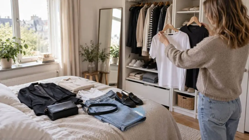 Casual outfit dames samengesteld uit makkelijk combineerbare kleding, schoenen en accessoires