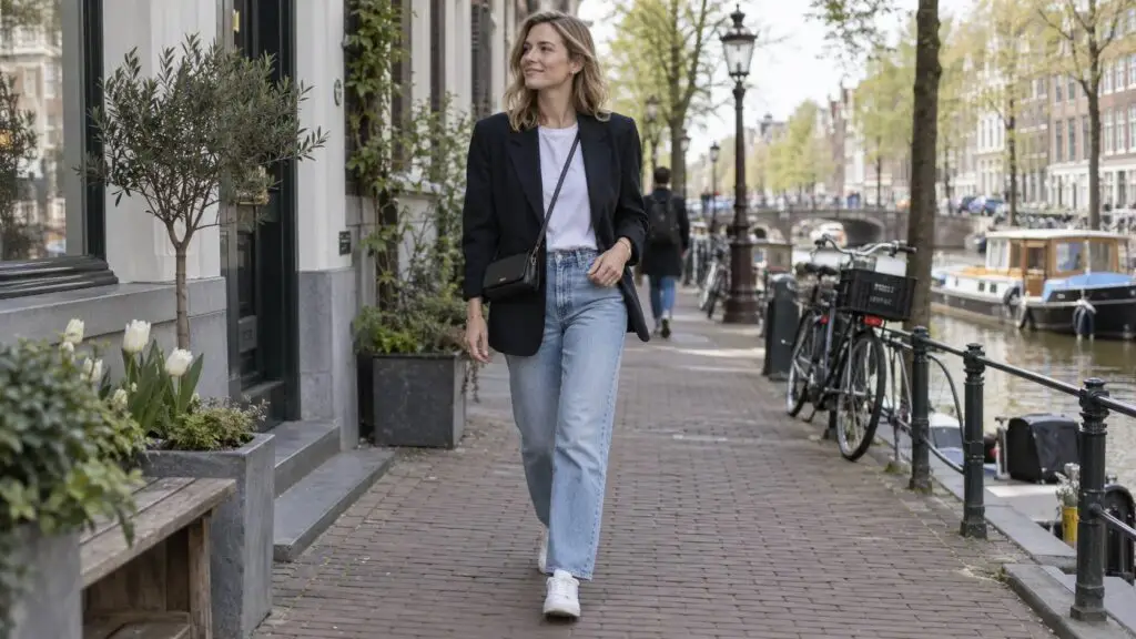 Casual outfit dames met jeans, blazer en sneakers voor een comfortabele dagelijkse look