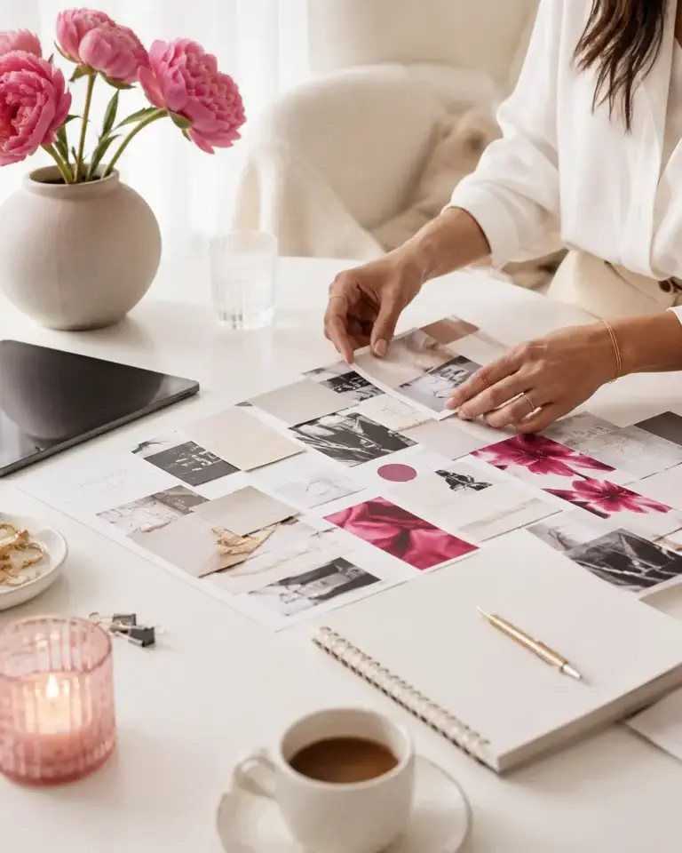 Creatieve werkplek met moodboard voor visie, inspiratie en persoonlijke groei
