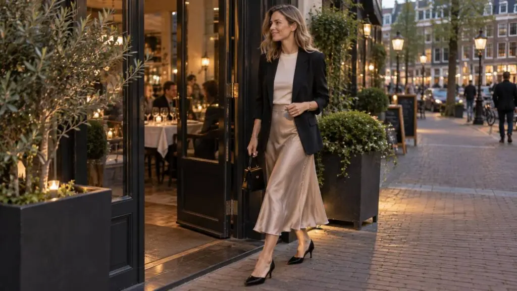 Chique outfit dames met blazer, midi-rok en elegante accessoires voor een diner