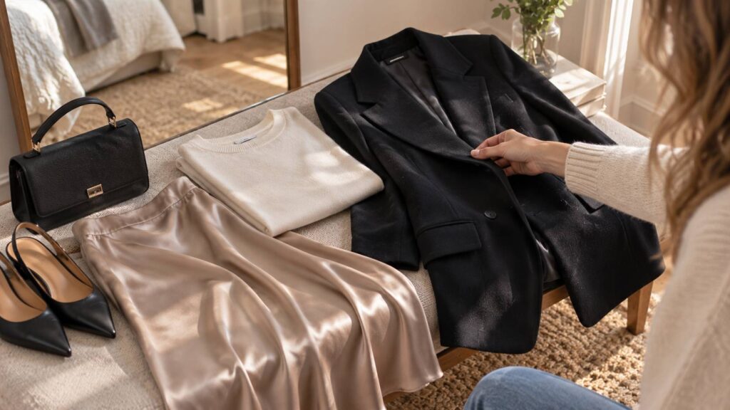 Chique outfit dames met satijn, wolmix en fijngebreide materialen voor een elegante uitstraling