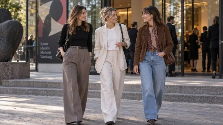Trendy outfit dames met wide-leg pantalon, soft tailoring en moderne retro-invloeden
