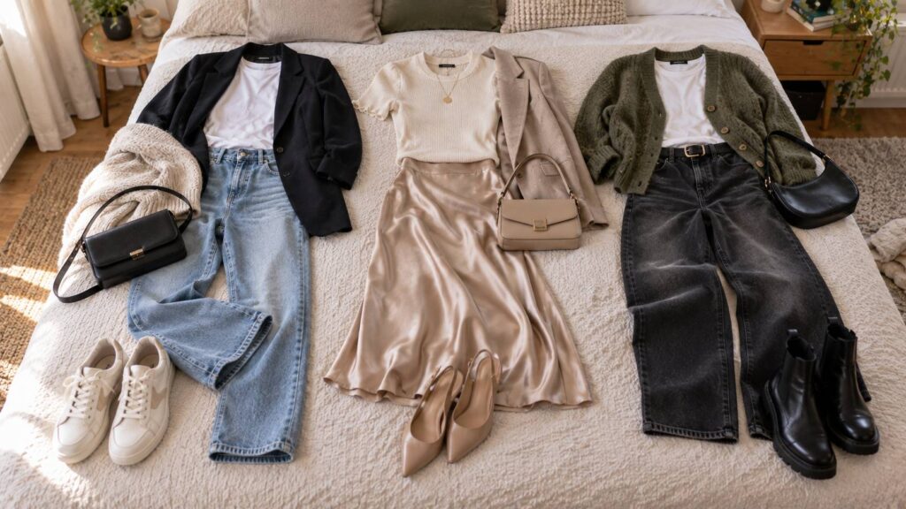 Kledingstijl vinden dames door verschillende outfits met dezelfde basisstukken te combineren