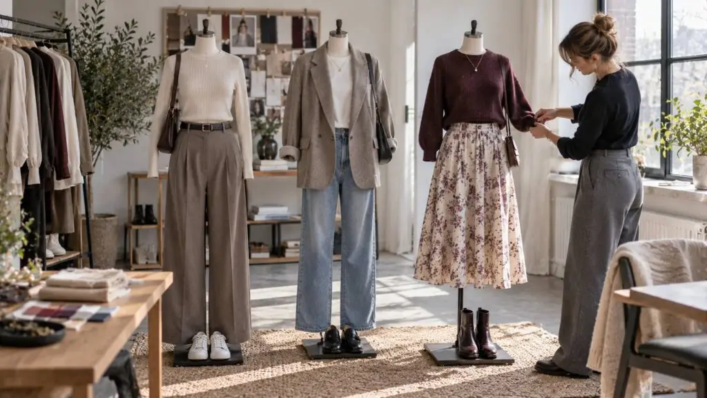 Trendy outfit dames met verschillende combinaties van volume en aansluitende kleding
